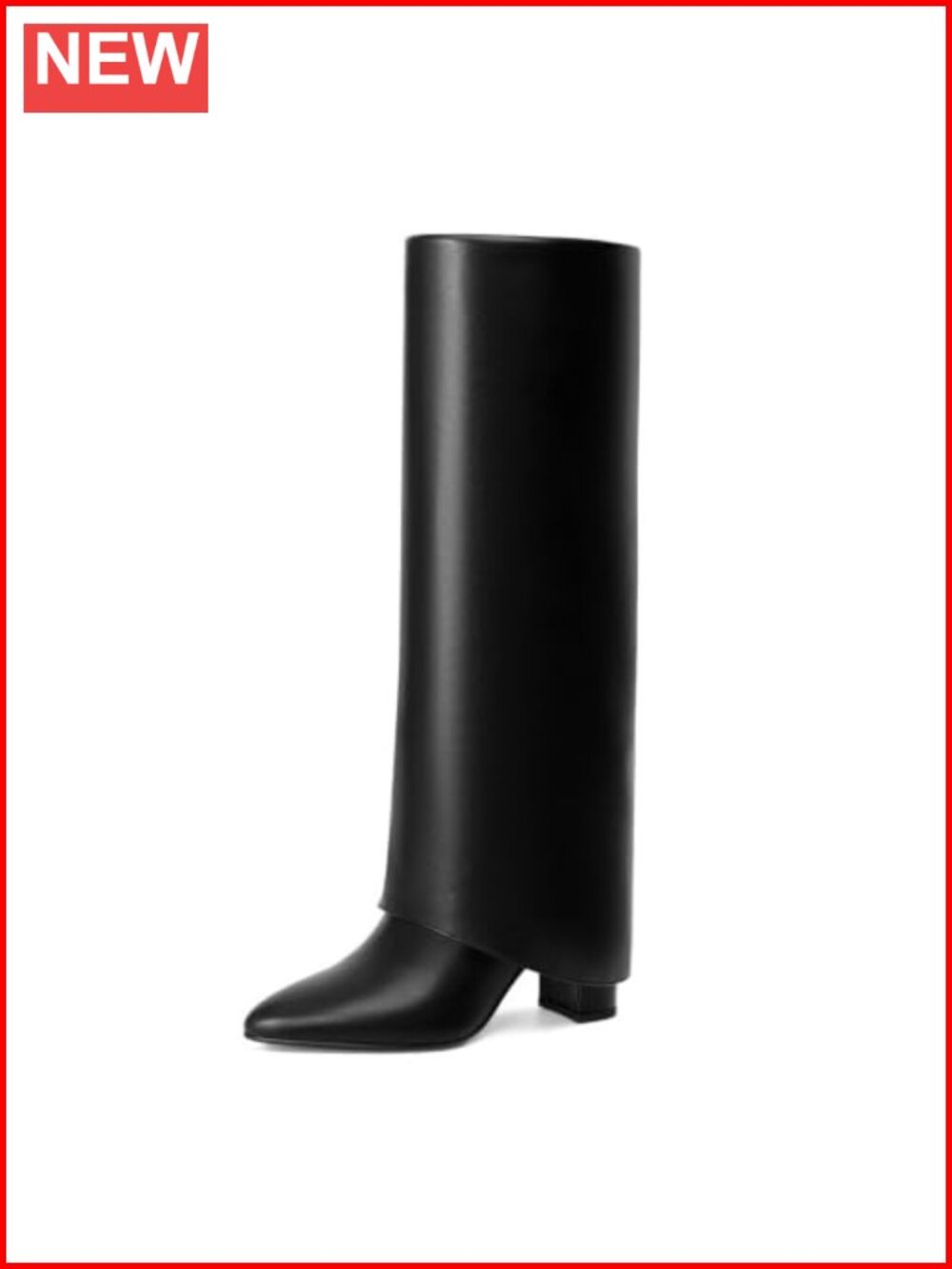 Women's Fold Over Knee High Boots Chunky Heel Pointed Toe Faux Leather Tall